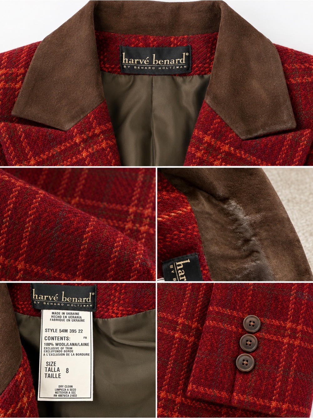 Vintage Harvé Benard Wool Plaid Blazer Size 8 Suede Collar - Picture 4 of 7